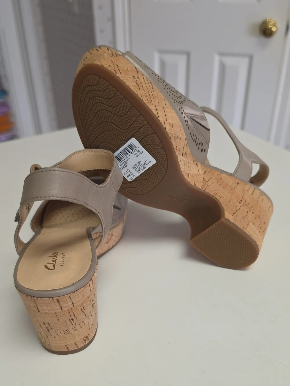 New Clarks Sand Perforated Leather Cork Wedge Sandals. 8.5 Medium